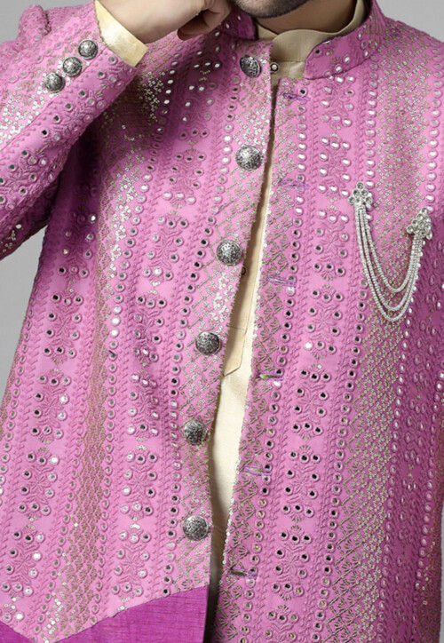 Embroidered Georgette Long Jacket in Magenta