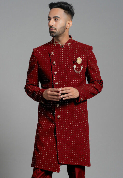 Embroidered Georgette Sherwani in Maroon