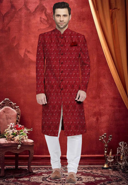 Embroidered Georgette Sherwani in Maroon