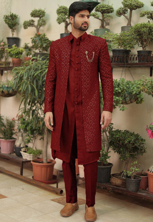 Embroidered Georgette Sherwani in Maroon