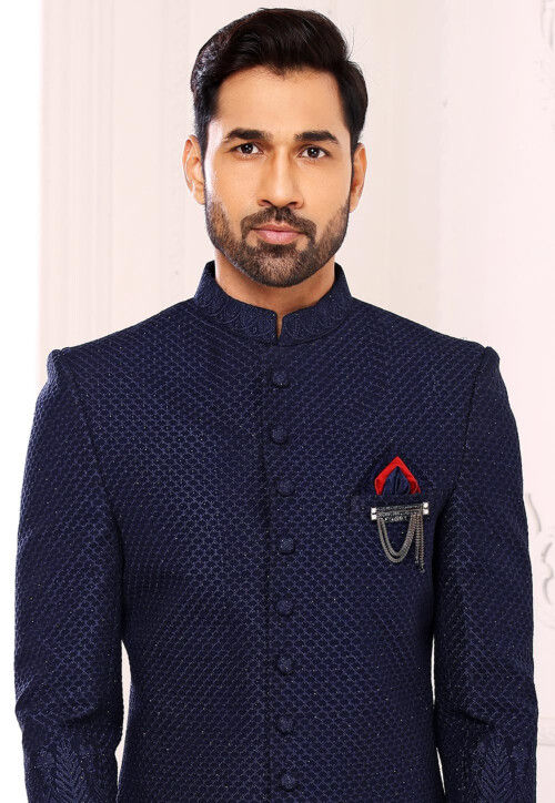 Embroidered Georgette Sherwani in Navy Blue