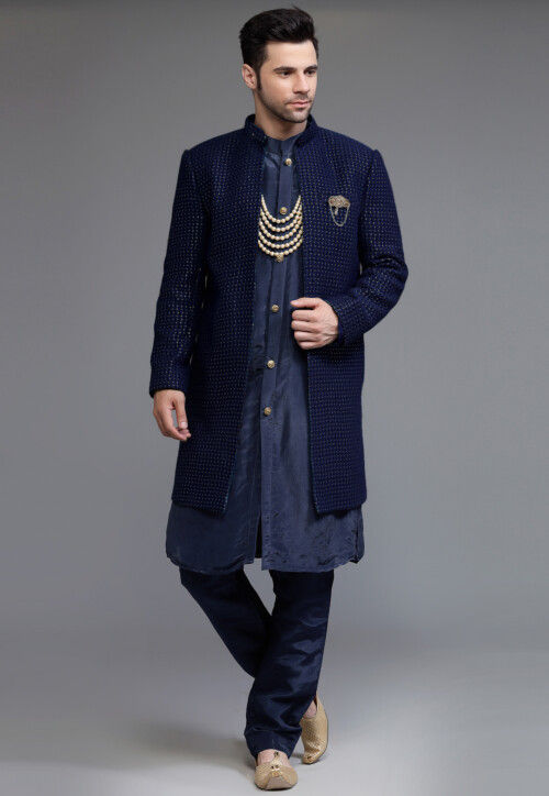 Embroidered Georgette Sherwani in Navy Blue