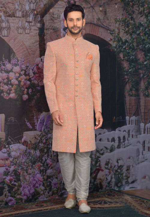 Embroidered Georgette Sherwani in Pastel Orange