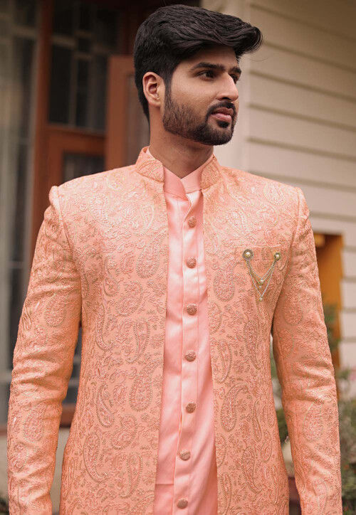 Embroidered Georgette Sherwani in Peach