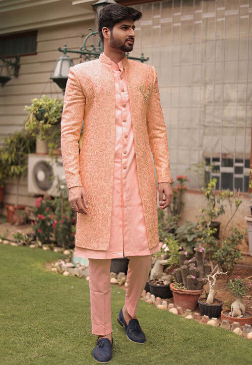 Embroidered Georgette Sherwani in Peach