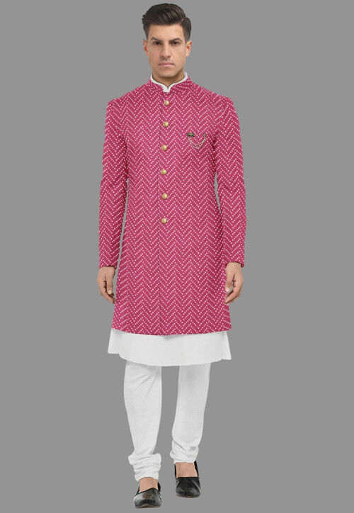 Buy Embroidered Georgette Sherwani in Pink and White Online