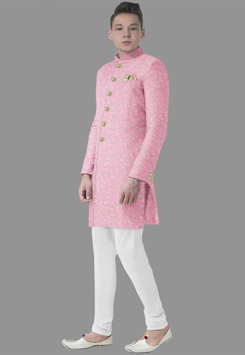Embroidered Georgette Sherwani in Pink