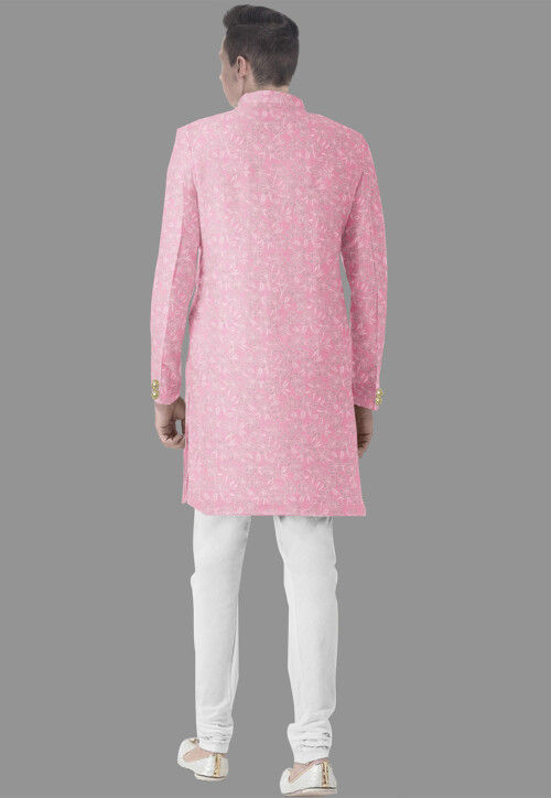 Embroidered Georgette Sherwani in Pink