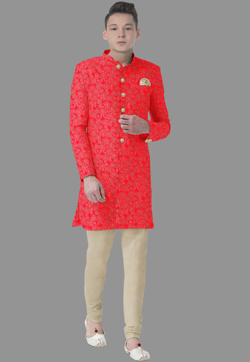 Embroidered Georgette Sherwani in Red