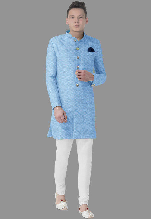Embroidered Georgette Sherwani in Sky Blue