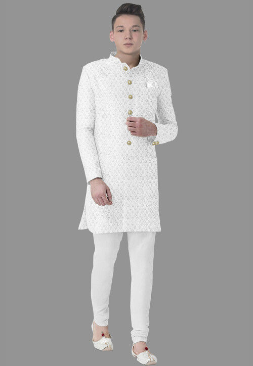 Embroidered Georgette Sherwani in White
