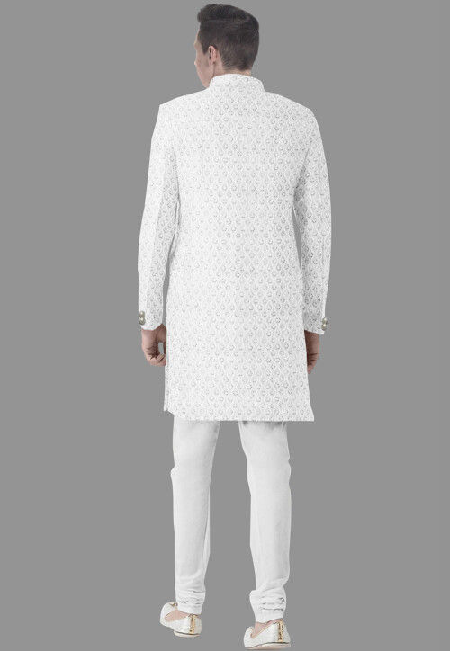 Embroidered Georgette Sherwani in White