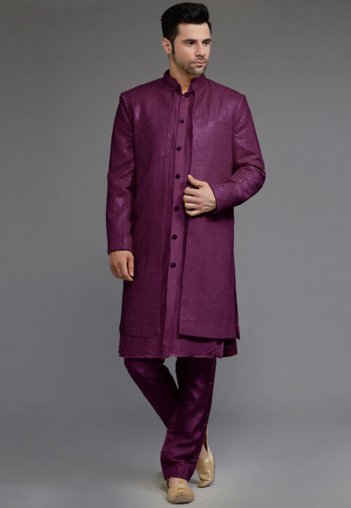 Embroidered Georgette Sherwani in Wine