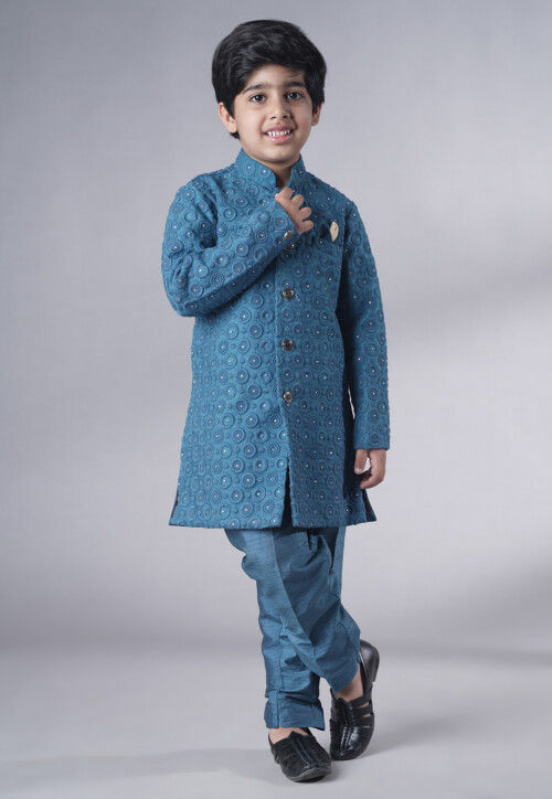 Embroidered Georgette Sherwani Set in Teal Blue