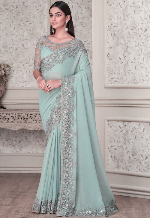 Buy Designer Sarees, Salwar Kameez, Kurtis & Tunic and Lehenga  Choli.Fascinating Silk Light Steel Blue Saree