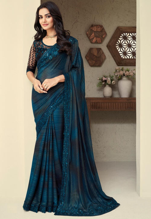 Embroidered Georgette Shimmer Scalloped Saree in Teal Blue