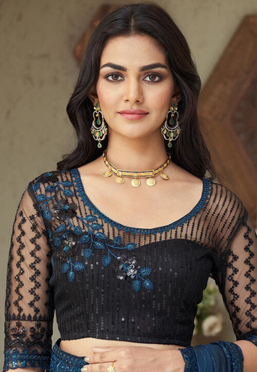 Bright Teal Blue Georgette Saree With Scalloped Border