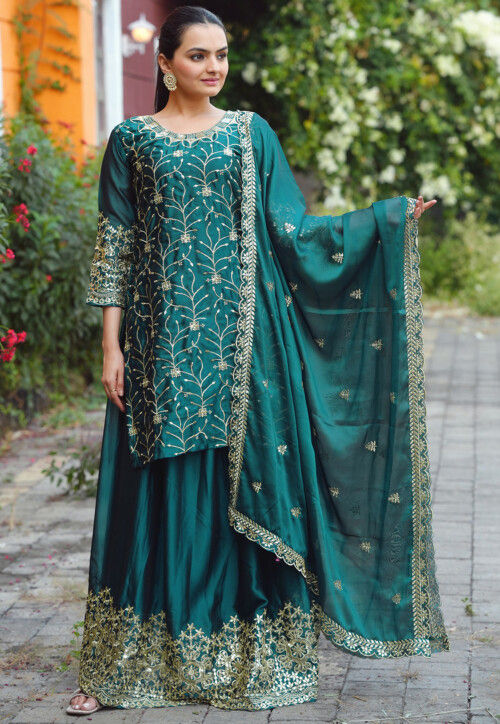 Embroidered Georgette Silk Lehenga in Teal Green