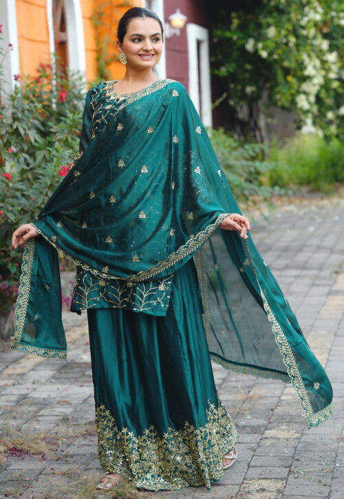 Embroidered Georgette Silk Lehenga in Teal Green