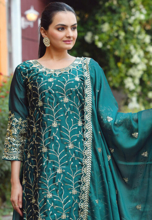 Embroidered Georgette Silk Lehenga in Teal Green