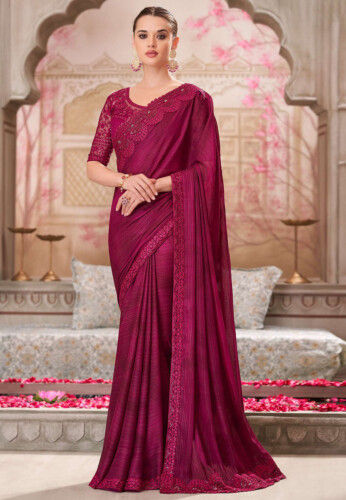 Embroidered Georgette Silk Saree in Magenta