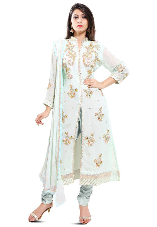 Embroidered Georgette Straight Cut Suit in Light Sea Green