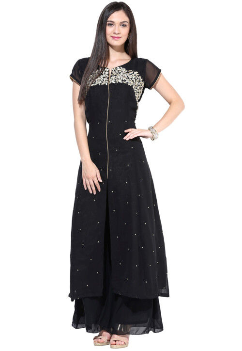 Embroidered Georgette Straight Kurta in Black