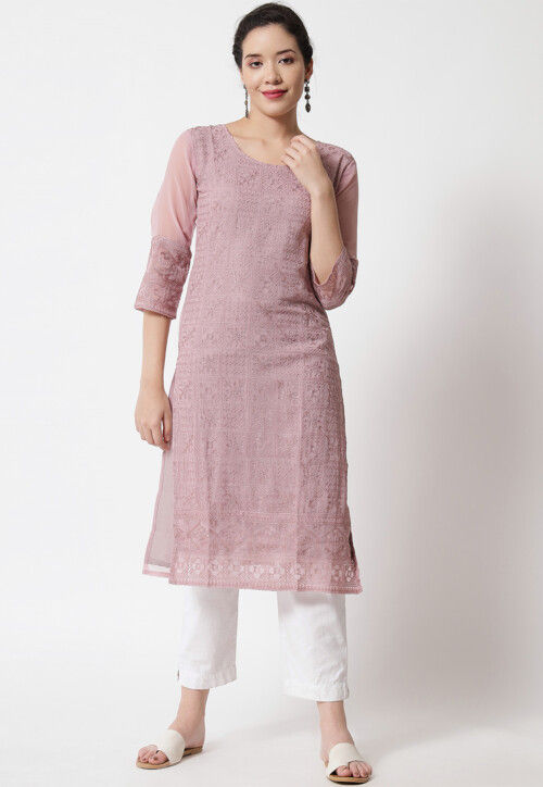 Embroidered Georgette Straight Kurta in Dusty Pink