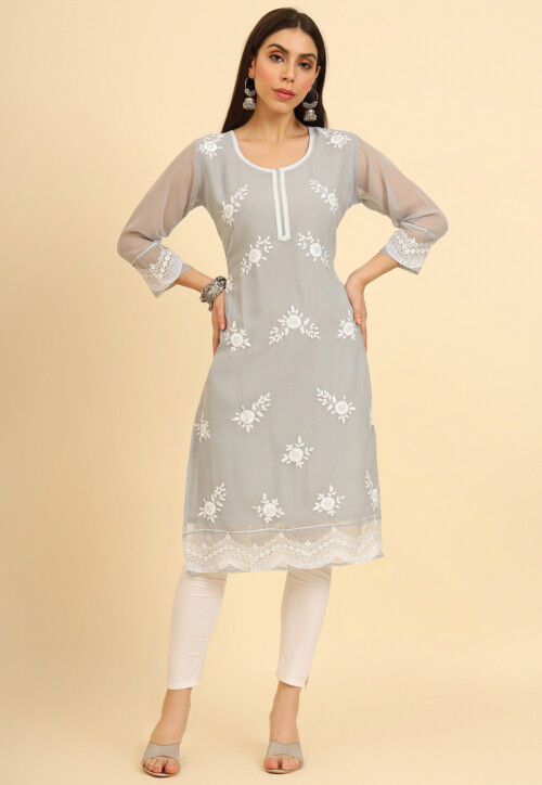 Embroidered Georgette Straight Kurta in Grey