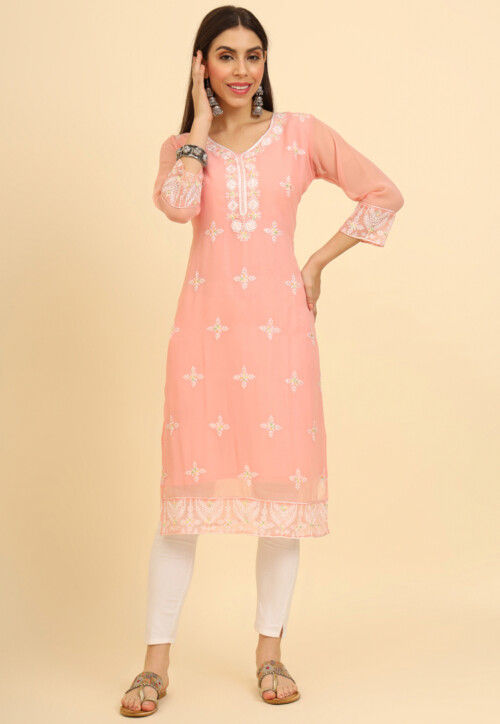 Peach georgette solid straight kurta top