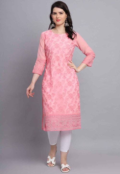 Buy Embroidered Georgette Straight Kurta in Pink Online TPA2931