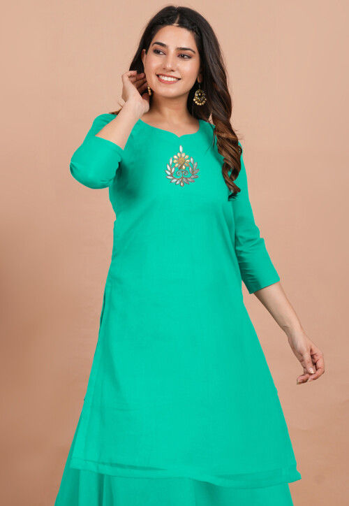 Embroidered Georgette Straight Kurta in Sea Green