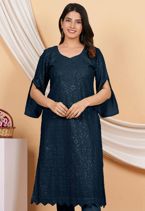 Embroidered Georgette Straight kurta in Teal Blue