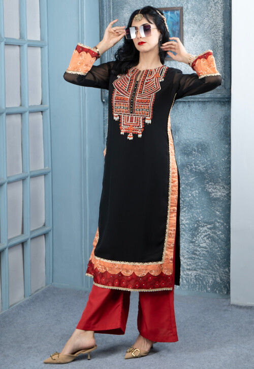 Embroidered Georgette Straight Kurta Set in Black