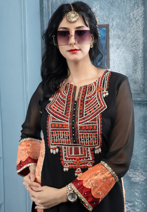 Embroidered Georgette Straight Kurta Set in Black