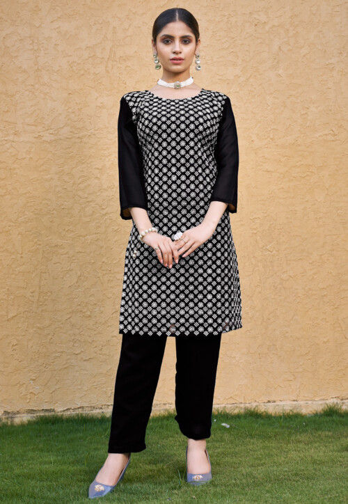 Embroidered Georgette Straight Kurta Set in Black