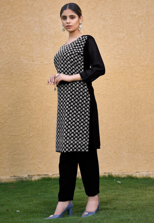 Embroidered Georgette Straight Kurta Set in Black