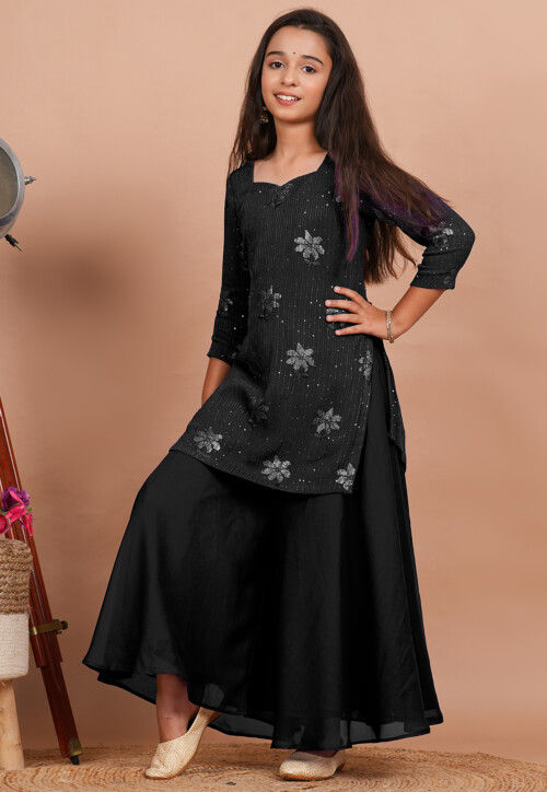 Embroidered Georgette Straight Kurta set in Black