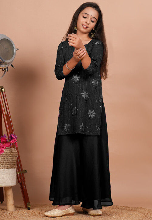 Embroidered Georgette Straight Kurta set in Black