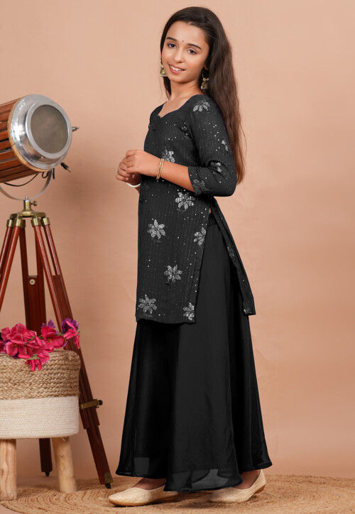 Embroidered Georgette Straight Kurta set in Black