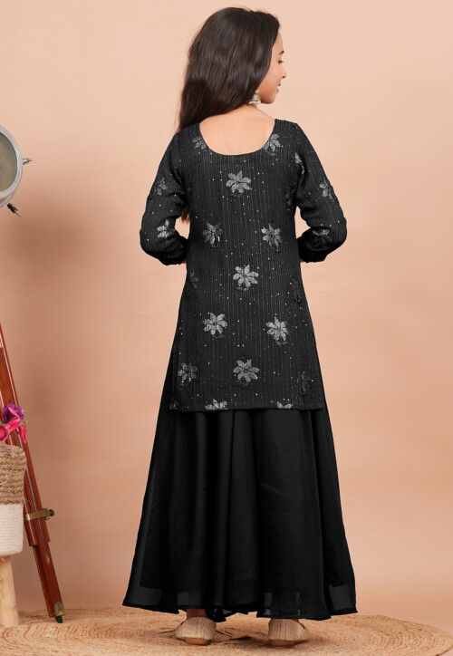 Embroidered Georgette Straight Kurta set in Black