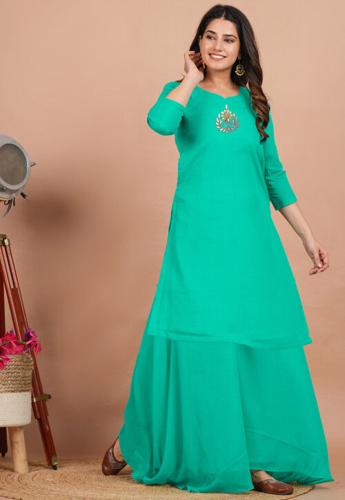 Embroidered Georgette Straight Kurta set in Sea Green