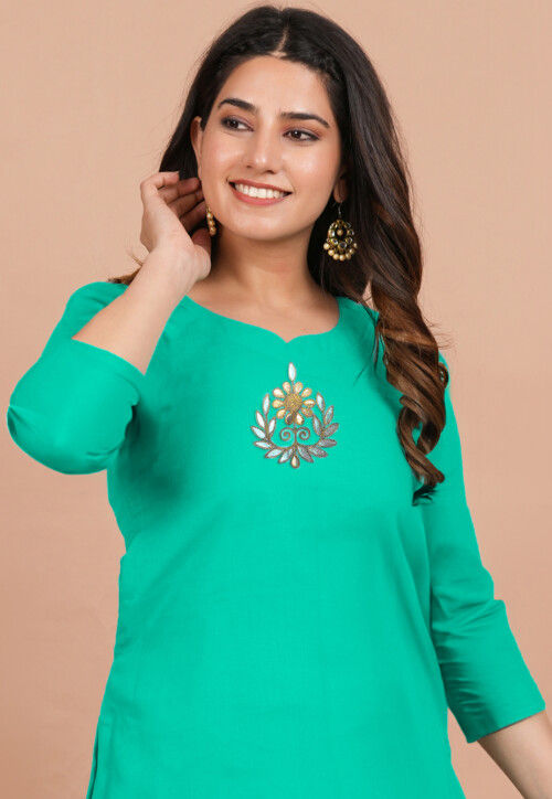 Embroidered Georgette Straight Kurta set in Sea Green