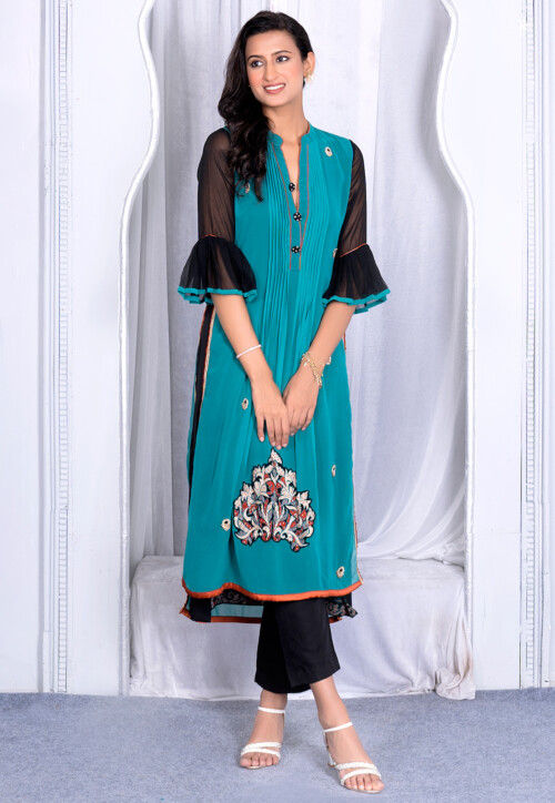Embroidered Georgette Straight Kurta Set in Teal Green