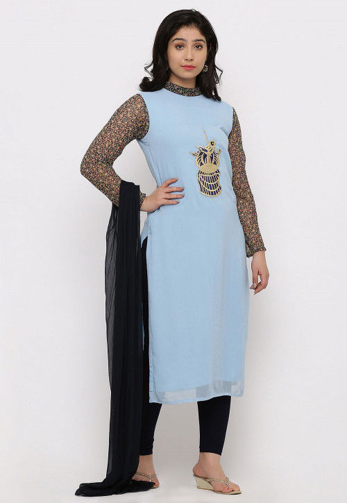 Embroidered Georgette Straight Suit in Light Sky Blue