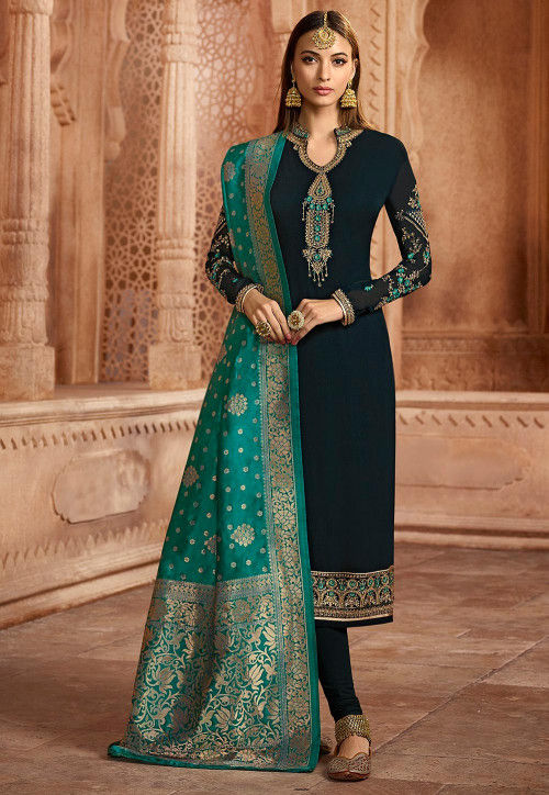Embroidered Georgette Straight Suit in Dark Teal Blue