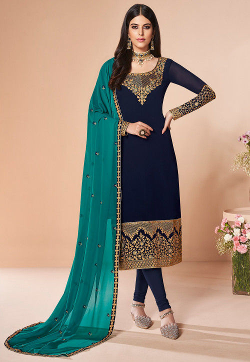 Embroidered Georgette Straight Suit in Navy Blue