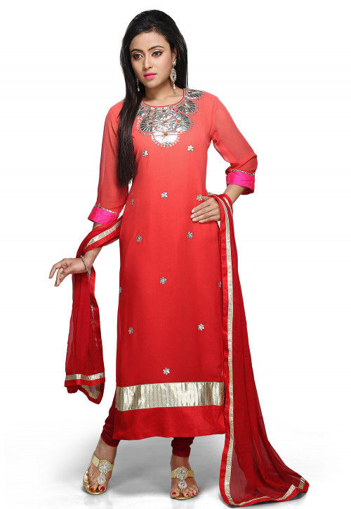 Embroidered Georgette Straight Suit in Shaded Red