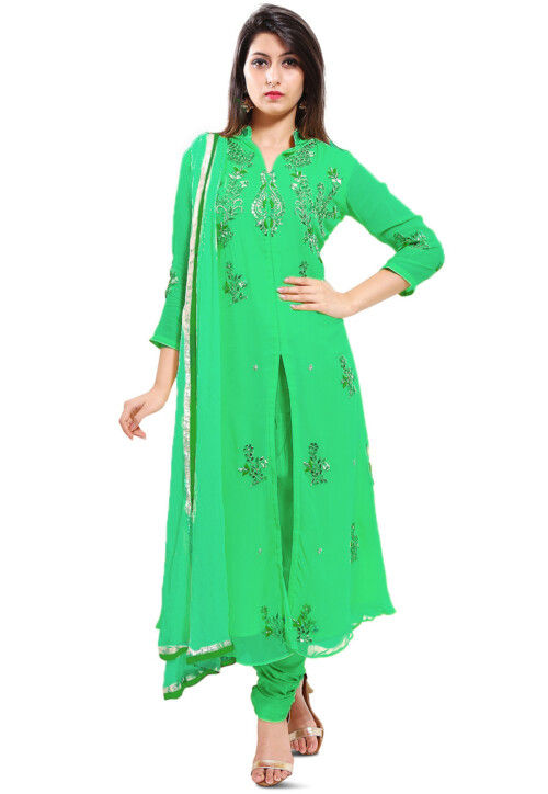 Embroidered Georgette Straight Suit in Dual Tone Sea Green