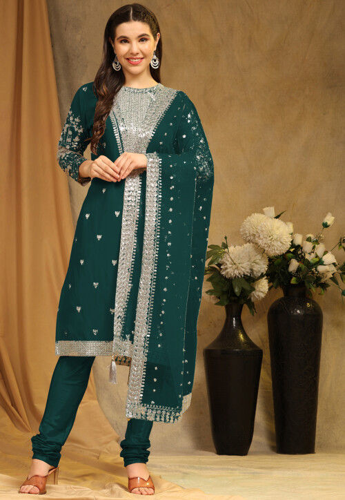 Embroidered Georgette Straight Suit in Teal Green